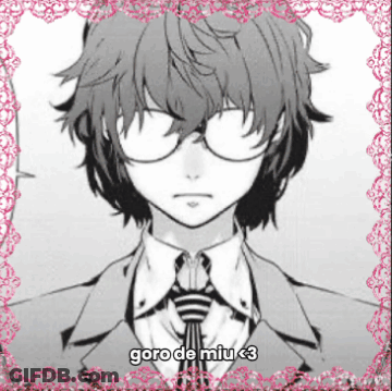 A Black And White Drawing Of A Boy In A Suit And Tie With The Words Goro De Miu < 3 On The Bottom GIF
