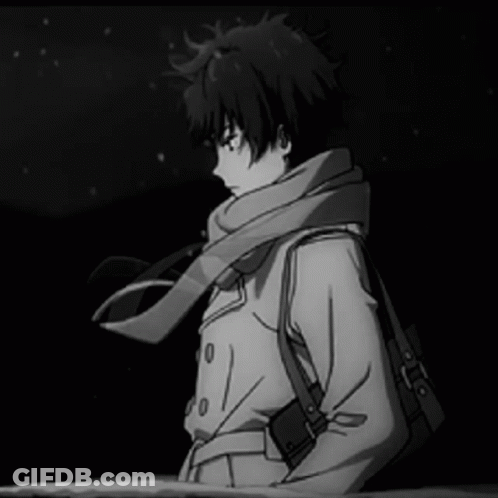 A Black And White Drawing Of A Boy In A Trench Coat And Scarf GIF