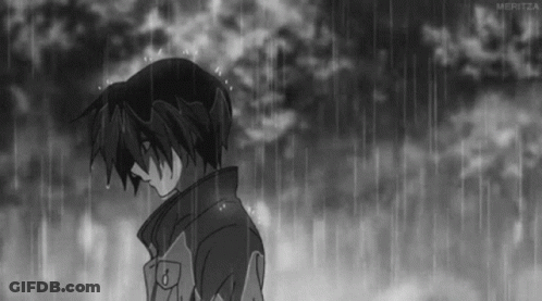 A Black And White Drawing Of A Boy In The Rain With Meritza Written On The Bottom GIF