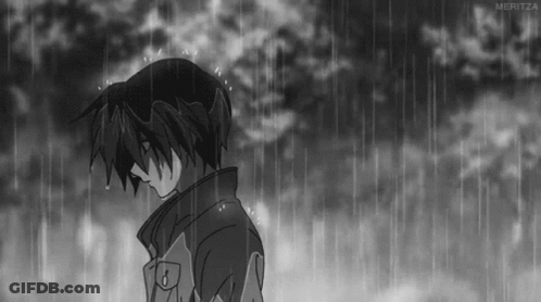 A Black And White Drawing Of A Boy In The Rain With The Word Meritza At The Bottom GIF