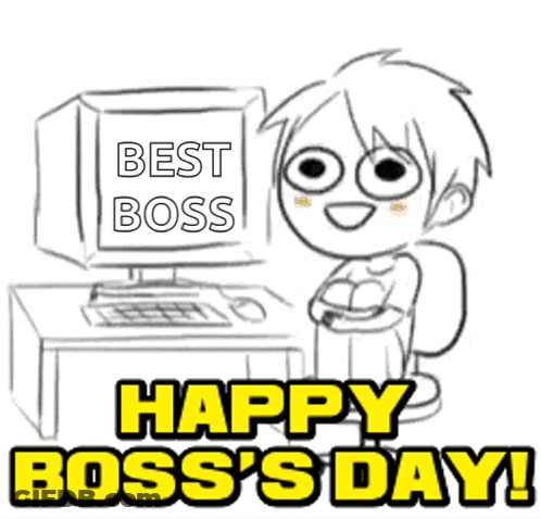 A Black And White Drawing Of A Boy Sitting In Front Of A Computer With The Words Best Boss Happy Boss 'S Day GIF