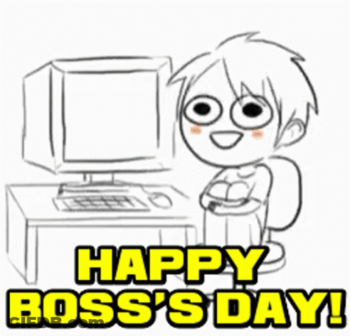 A Black And White Drawing Of A Boy Sitting In Front Of A Computer With The Words Happy Boss 'S Day Written Below Him GIF