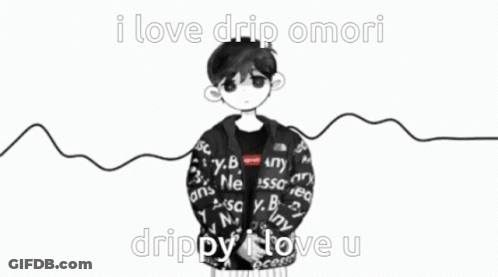 A Black And White Drawing Of A Boy Wearing A Drip Omori Hoodie . GIF