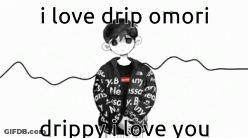 A Black And White Drawing Of A Boy Wearing A Drip Omori Hoodie . GIF