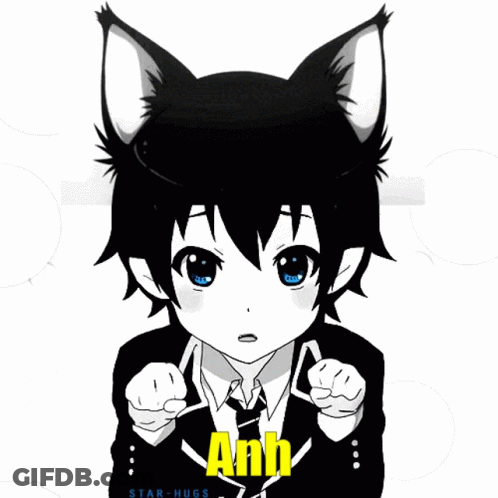 A Black And White Drawing Of A Boy With A Cat Ear And The Name Anh GIF