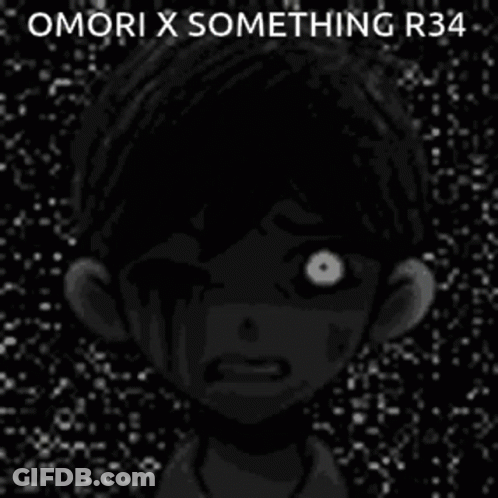 A Black And White Drawing Of A Boy With A Glowing Eye And The Words `` Omori X Something R34 '' . GIF