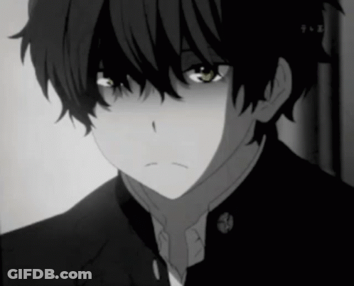 A Black And White Drawing Of A Boy With A Sad Expression On His Face GIF