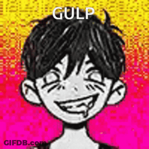 A Black And White Drawing Of A Boy With A Smile On His Face And The Words `` Gulp '' Written Above Him . GIF