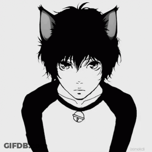 A Black And White Drawing Of A Boy With Cat Ears And A Bell Around His Neck GIF