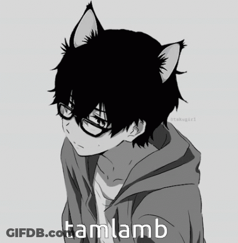 A Black And White Drawing Of A Boy With Cat Ears And The Word Tamlamb On The Bottom GIF
