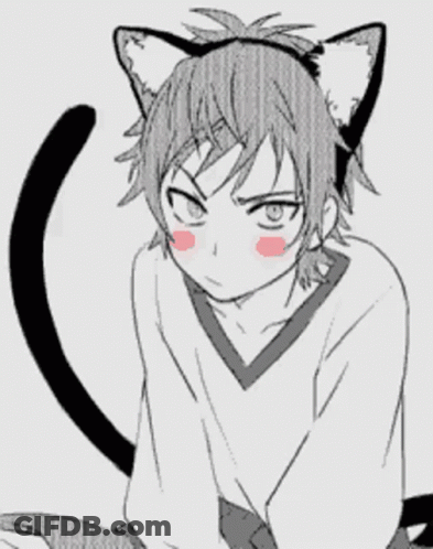 A Black And White Drawing Of A Boy With Cat Ears On His Head GIF