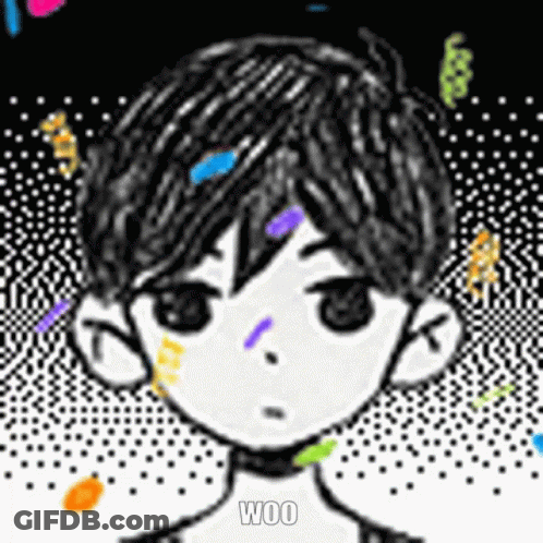 A Black And White Drawing Of A Boy With Confetti In His Hair And The Words Woo On The Bottom . GIF