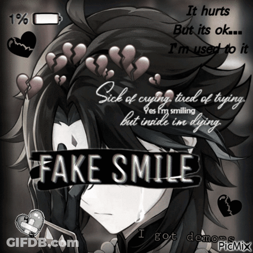 A Black And White Drawing Of A Boy With Fake Smile Written On It GIF
