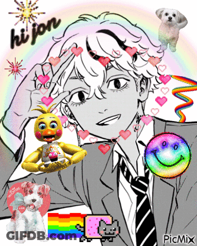 A Black And White Drawing Of A Boy With Hearts And A Smiley Face With The Words Hi Jon Written On It GIF