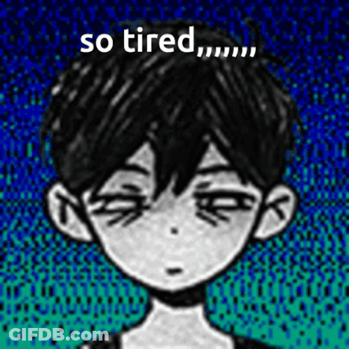 A Black And White Drawing Of A Boy With His Eyes Closed And The Words `` So Tired '' Above Him . GIF
