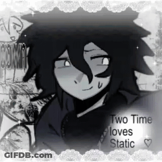 A Black And White Drawing Of A Boy With Long Hair And The Words `` Two Time Loves Static '' On The Bottom . GIF