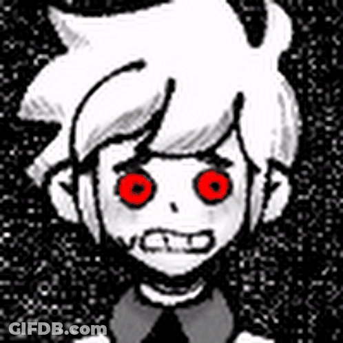 A Black And White Drawing Of A Boy With Red Eyes And A Scary Face . GIF