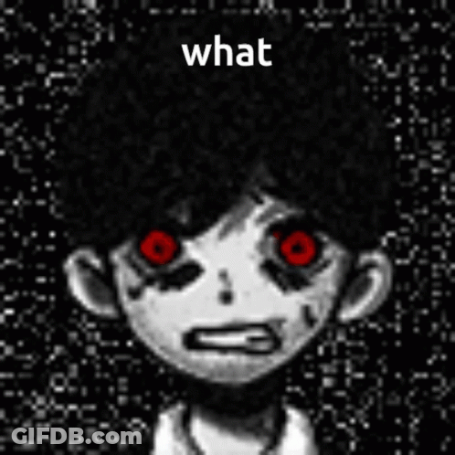 A Black And White Drawing Of A Boy With Red Eyes And The Words `` What '' Written On The Bottom . GIF