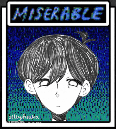 A Black And White Drawing Of A Boy With The Word Miserable Written Above Him GIF