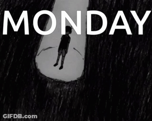 A Black And White Drawing Of A Boy With The Word Monday Written Above Him GIF