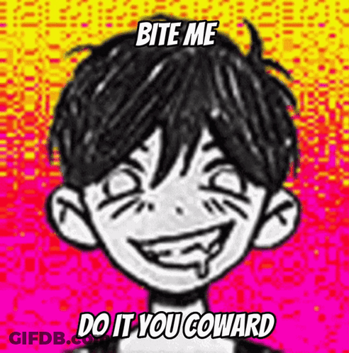 A Black And White Drawing Of A Boy With The Words Bite Me Do It You Coward On The Bottom GIF
