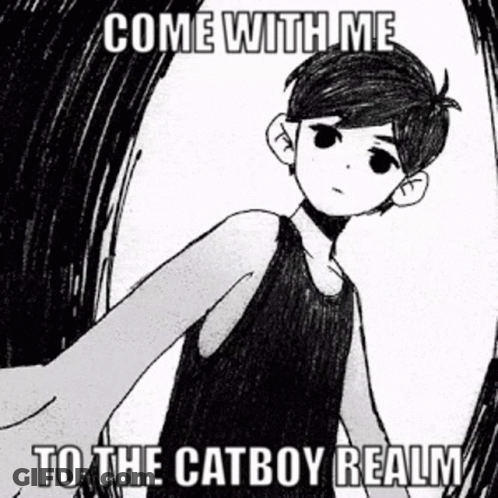 A Black And White Drawing Of A Boy With The Words " Come With Me To The Catboy Realm " GIF