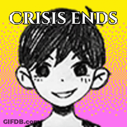 A Black And White Drawing Of A Boy With The Words Crisis Ends Written Above Him GIF