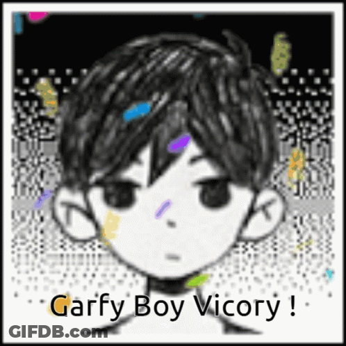 A Black And White Drawing Of A Boy With The Words Garfy Boy Vicory Written On It GIF