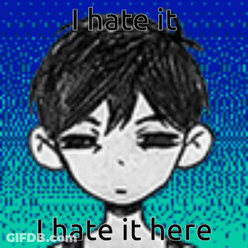 A Black And White Drawing Of A Boy With The Words `` I Hate It Here '' Written On It . GIF
