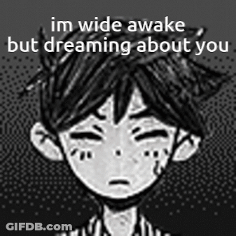 A Black And White Drawing Of A Boy With The Words `` I 'M Wide Awake But Dreaming About You '' . GIF