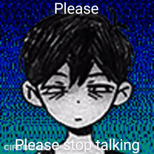 A Black And White Drawing Of A Boy With The Words `` Please Stop Talking '' . GIF