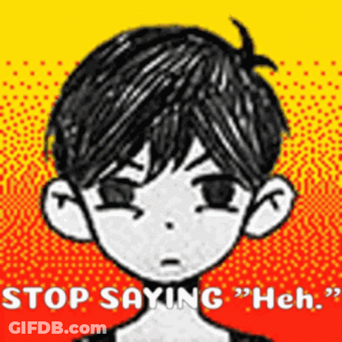 A Black And White Drawing Of A Boy With The Words Stop Saying " Heh " Below Him . GIF