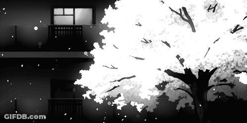 A Black And White Drawing Of A Building And A Tree With The Letter H On It GIF