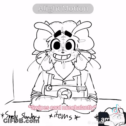 A Black And White Drawing Of A Cartoon Character Sitting At A Table With A Name Tag On It . GIF