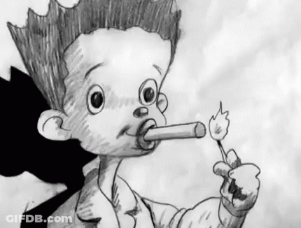 A Black And White Drawing Of A Cartoon Character Smoking A Cigarette And Holding A Lit Match . GIF