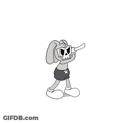 A Black And White Drawing Of A Cartoon Character With A Skull On His Head Holding An Axe GIF