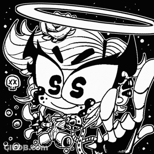A Black And White Drawing Of A Cartoon Character With The Letters Ee On His Face . GIF
