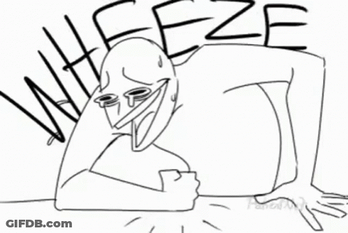 A Black And White Drawing Of A Cartoon Character With The Word Wheeze Written Above Him . GIF