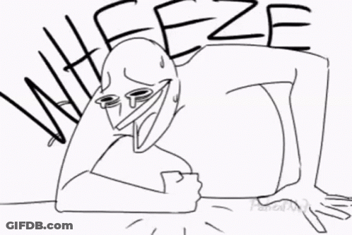 A Black And White Drawing Of A Cartoon Character With The Word Wheeze Written On It . GIF