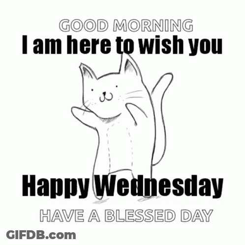 A Black And White Drawing Of A Cat Saying Good Morning I Am Here To Wish You Happy Wednesday GIF