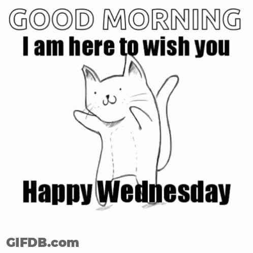 A Black And White Drawing Of A Cat That Says `` Good Morning I Am Here To Wish You Happy Wednesday '' GIF