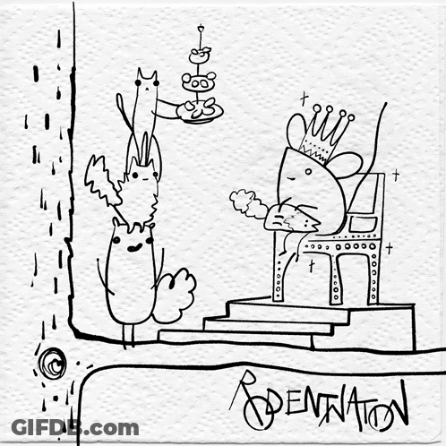 A Black And White Drawing Of A Cat With A Crown Sitting On A Throne With The Word " Dentation " Below It GIF
