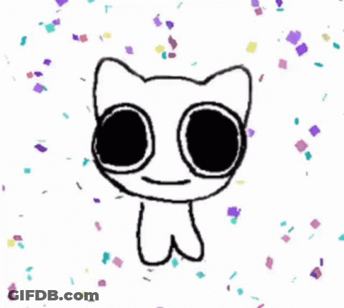 A Black And White Drawing Of A Cat With Confetti Around It GIF