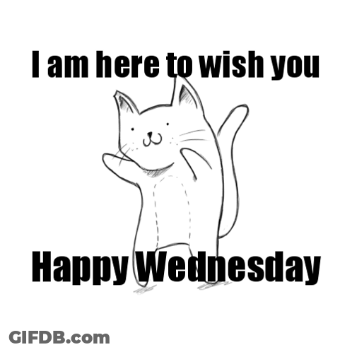 A Black And White Drawing Of A Cat With The Words " I Am Here To Wish You Happy Wednesday " GIF