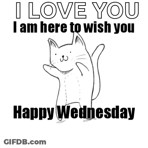 A Black And White Drawing Of A Cat With The Words " I Love You I Am Here To Wish You Happy Wednesday " GIF