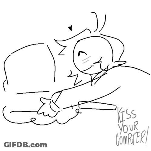 A Black And White Drawing Of A Cat With The Words Kiss Your Computer Written Below It GIF