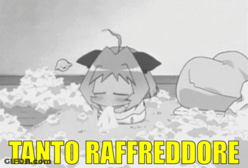 A Black And White Drawing Of A Cat With The Words " Tanto Raffreddore " Written In Yellow GIF