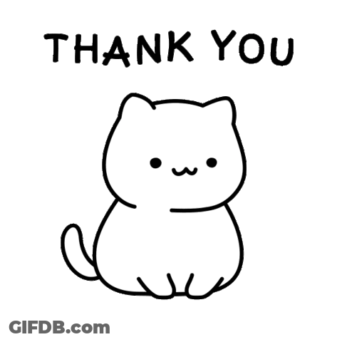 A Black And White Drawing Of A Cat With The Words `` Thank You '' Written Above It . GIF