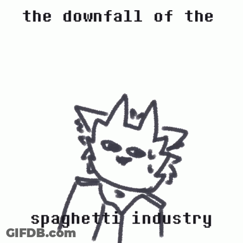 A Black And White Drawing Of A Cat With The Words " The Downfall Of The Spaghetti Industry " GIF