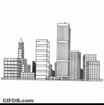 A Black And White Drawing Of A City Skyline With A Lot Of Tall Buildings GIF